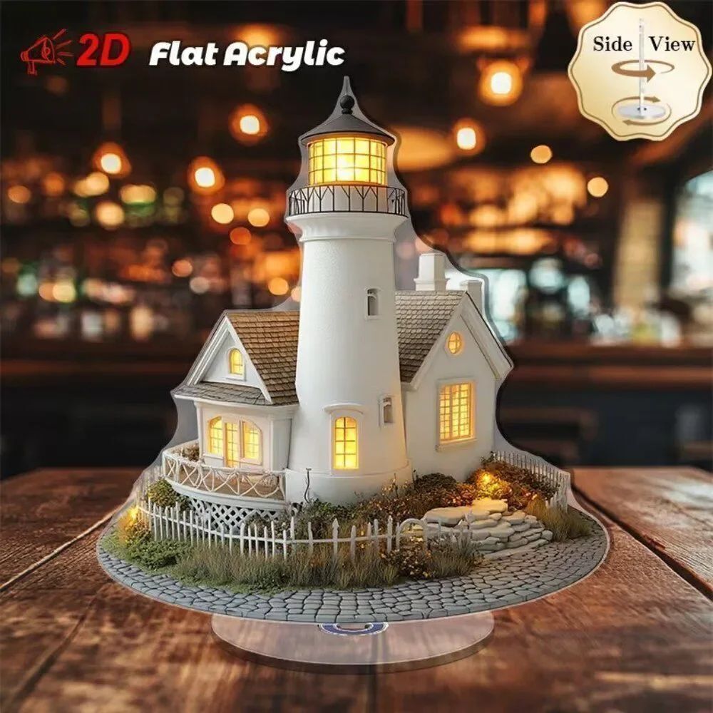 2D Acrylic Lighthouse & Coastal House Desktop Model w Rotating Base